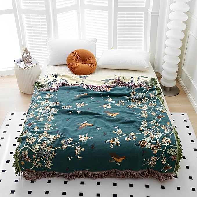 Snycler Boho Throw Blanket for Bed - 100% Cotton Ultra Soft Rustic Quilt Blanket Green Floral Bird Printed Farmhouse Decor Bed Blankets, 60"×80" All Season Rustic Throw for Sofa Chair Couch