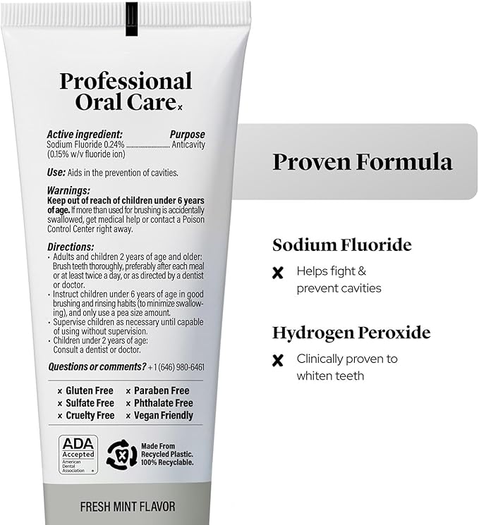 Professional Ultra Whitening Toothpaste - 2 Pack - Sensitive Teeth Whitening Toothpaste with Sodium Fluoride & Hydrogen Peroxide, ADA Approved, Vegan, 2 x 4.2oz