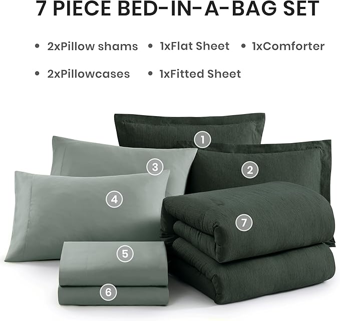 Monbix Queen Comforter Set - 7 Pieces Cationic Dyeing Deep Forest Bed in a Bag Queen Bedding Sets with Comforter, Sheets, Pillowcases & Shams, Reversible Bedding Comforters Sets