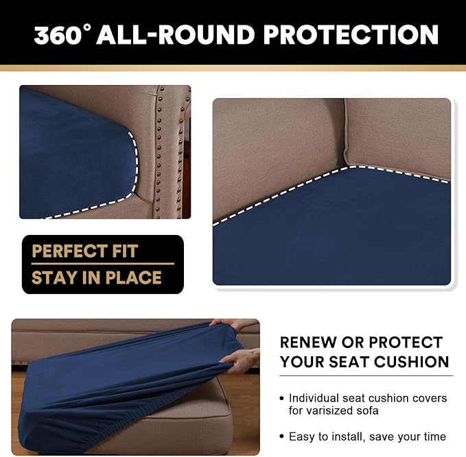 PrinceDeco Velvet Couch Cushion Covers 3 Pieces Velvet Separate Couch Cover Stretch Sofa Slipcover Washable Furniture Protector for Sectional Sofa(Each Width Up to 40", Navy)
