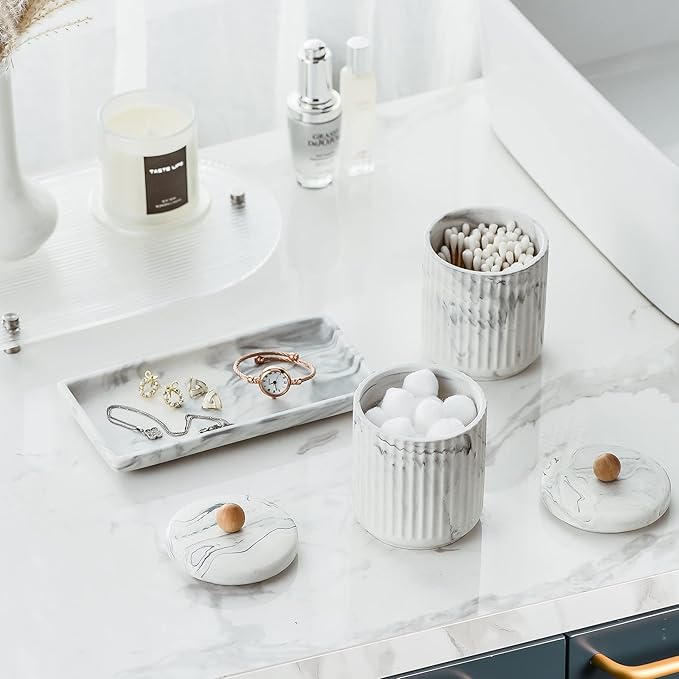 Marble Small Bathroom Jar Set ,Ceramic Cotton Swabs Holder with Lid and Dresser Organizer Set Tray for Storage and Organizing in Bathroom, Dresser, Kitchen, Office