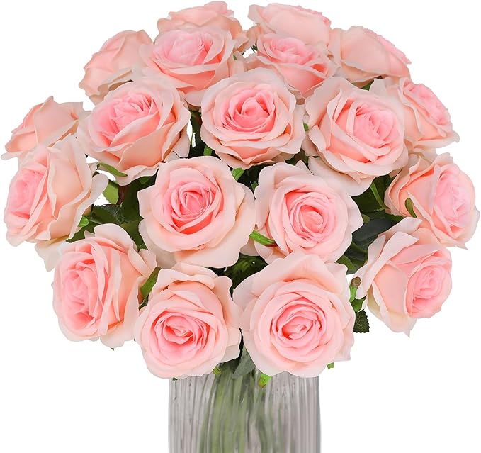 Pink Fake Roses Artificial Flowers - 10 Pcs Fake Artificial Roses Silk Flowers with Stems for Home Wedding Hotel Office Centerpiece Decor(Champagne Pink)