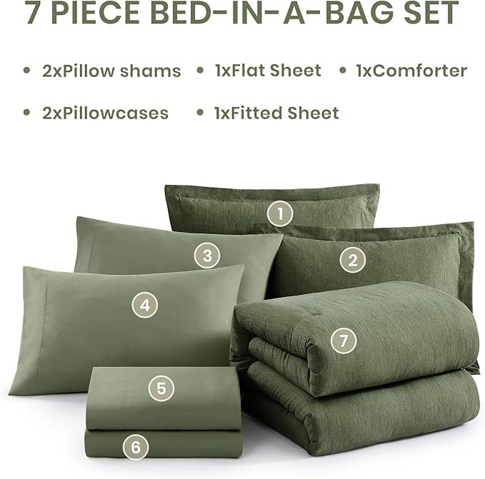 Monbix King Size Comforter Set, Olive Green King Bed Set Reversible, King Size Comforter Set 7 Pieces, Cationic Dyeing Bed in a Bag with Comforter, Sheets, Pillowcases & Shams
