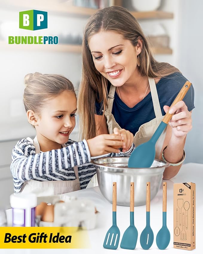 Pack of 4 Silicone Cooking Utensils Set, Non Stick Solid Spatulas and Heat Resistant Slotted Spoons with Wooden Handle, Ideal Wood Kitchen Utensils Set for Frying,Serving,Turning,Stirring (BLUE)