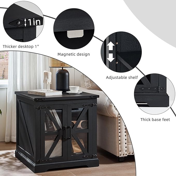 24" End Table Set of 2 with Charging Station, Farmhouse Night Stand with Glass Barn Door, Nightstands with Adjustable Storage Shelf, Large Wood Square Bed Side Table for Living Room,Bedroom