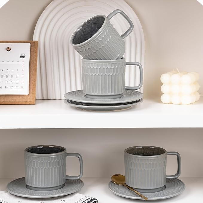 Large Cappuccino Cups with Saucers Set of 4, 8 Ounce Stackable Embossed Ceramic Coffee Mugs for Specialty Coffee Drinks, Latte, Cafe Mocha and Tea, Dishwasher & Microwave Safe (Grey)