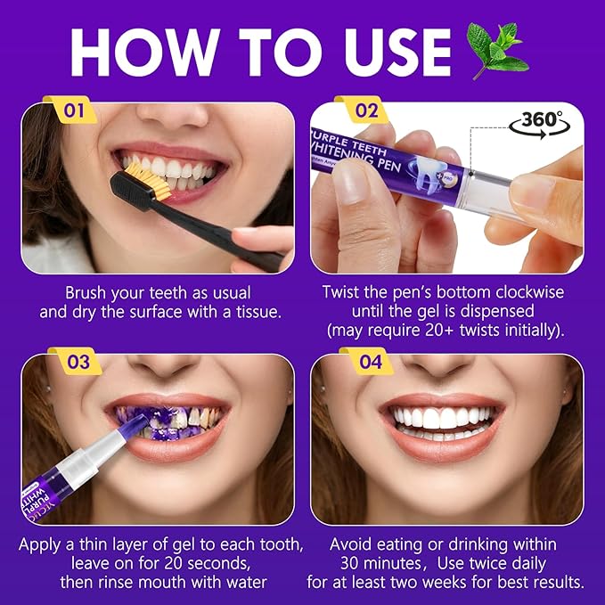 Teeth Whitening Pen 6 Pack, Professional Purple Teeth Whitening Gel for Rapid Stain Removal, No Sensitivity Formula for Sensitive Teeth, Mint Fresh Breath