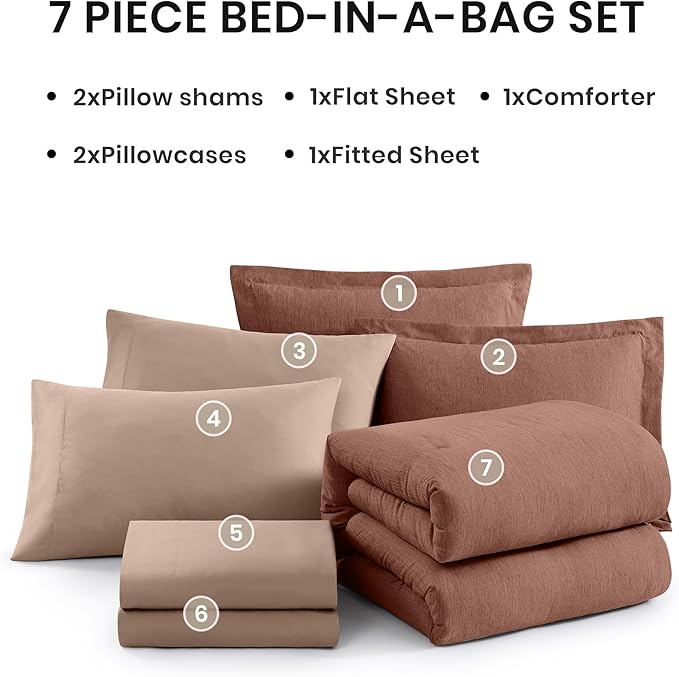 Monbix Full Size Comforter Set, Terracotta Bedding Comforter for Full Size Bed Set Reversible, Bedding Sets Full 7 Pieces, Cationic Dyeing Bed in a Bag with Comforter, Sheets, Pillowcases & Shams