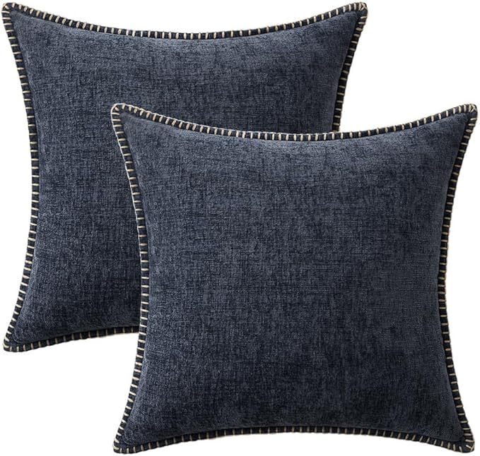 MIULEE Pack of 2 Couch Throw Pillow Covers 18x18 Inch Dark Blue Farmhouse Decorative Pillow Covers with Stitched Edge Soft Chenille Solid Dyed Spring Pillow Covers for Sofa Bed Living Room
