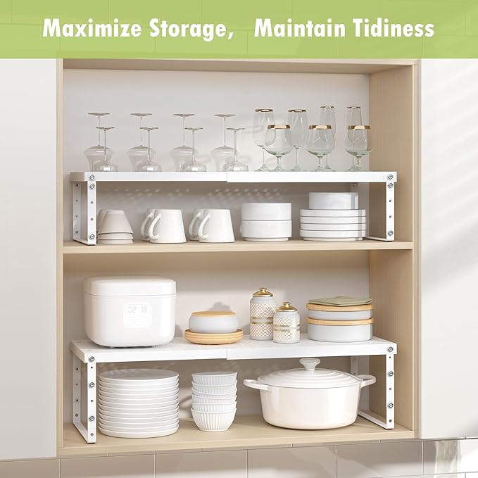 Expandable Cabinet Organizer Shelf With Adjustable Height, Stackable Kitchen Countertop Organizer Rack, Adjustable Shelf Riser For Kitchen Counter, Pantry, Cupboard, Desk, Tabletop