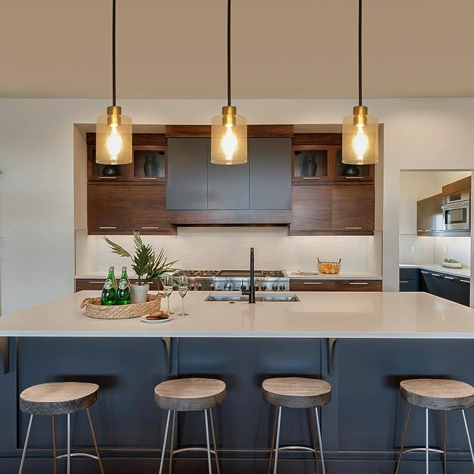 Black Brass Pendant Lights Kitchen Island - Clear Glass Pendant Light Fixture Multiple Stems Rods 3 Units 12 Inch 3 Units 4 Inch (2 Pack Black Brass Downrod)