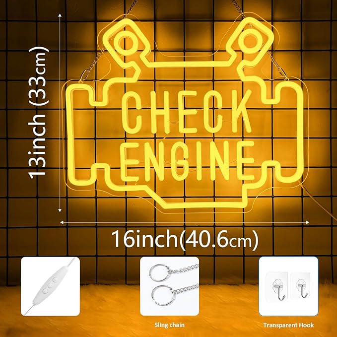 Check Engine Neon Signs for wall decor, Garage Neon Sign for Man Cave, Piston Engine Led Light Signs with Dimmer, Piston Decoration USB Powered with Switch