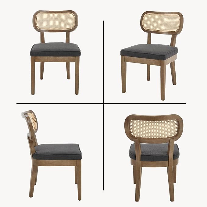 Rattan Dining Chairs Set of 2 Upholstered Linen Kitchen & Dining Room Chair with Curved Backrest Farmhouse Kitchen Chair Solid Wood Armless Side Chair for Dining Room/Restaurant, Black