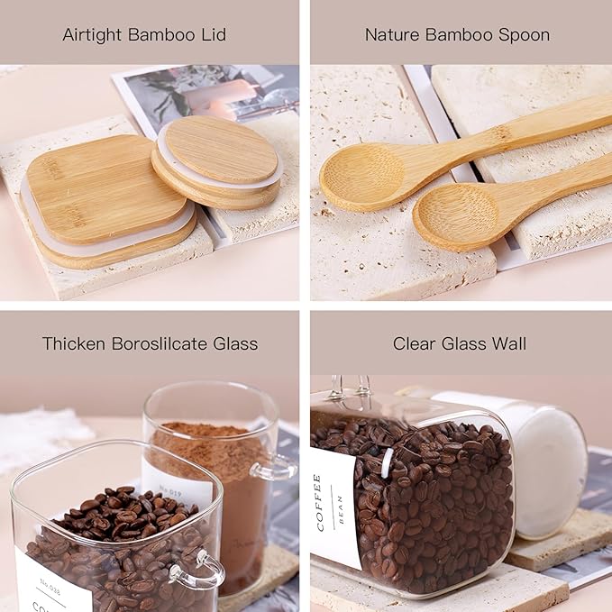 6 Pack Glass Jars with Bamboo Lid and Spoons - 17Oz/27Oz Borosilicate Glass Jars with 132 Pantry Labels - for Coffee Beans, Tea, Sugar & More