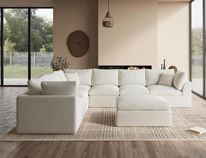 Oversized Cloud Couches for Living Room, Convertible Sectional Couch with Ottoman, 7 Seater Large Modular Sectional Sofa, Warm White