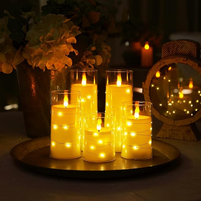 Homemory 9 Pcs Flameless Candles with Embedded Star String Fairy Lights, Battery Operated Candles, LED Candle, Fake Candles with Remote Control and Timer (Ivory)
