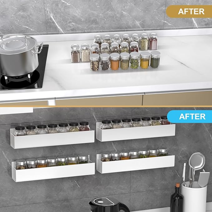 PMMASTO Adhesive Acrylic Spice Rack Organizer for Wall with Nano Double Sided Tape, Spice Shelf Organization for Kitchen Cabinet Door/Pantry Door, Wall Mount Seasoning Rack (White - 4 Pack)