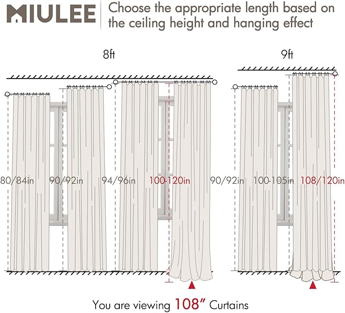 MIULEE 100% Blackout Curtains 108 Inch Long 2 Panels Set for Bedroom, Thick Faux Linen Black Out Curtain Room Darkening Back Tab Pleat Window Textured Drapes with Hooks for Living Room, Bright White