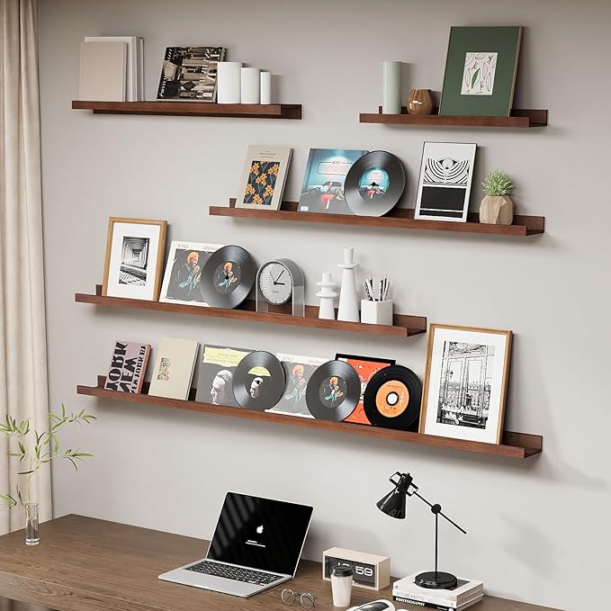 SAUMONIERES Picture Ledge Shelf Floating Book Shelves Set of 2 Wall Mounted Solid Wood for Bedroom Bathroom Living Room Kitchen, 36 Inch Walnut