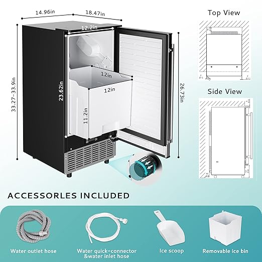 EUHOMY 15" W Commercial Under Counter Ice Maker Machine, 90 Lb/Day Auto-Cleaning & 24H Timer, Gravity Drainage,Stainless Steel Built-in Freestanding Ice Maker, 24 Lb Bin, Ideal for Commercial & Home