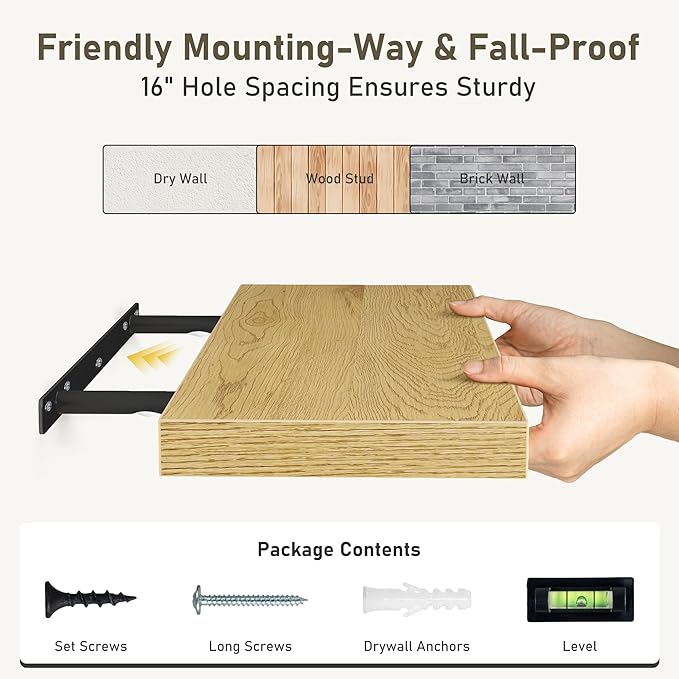 Floating Shelves Wall Shelf 48 Inch, 9.3 Inch Deep Floating Shelf for Wall, Farmhouse Black Wood Shelves Invisible Bracket for Living Room, Bedroom, Kitchen, 48 x 9.3 x 1.4 Inch, Set of 2, Oak Color