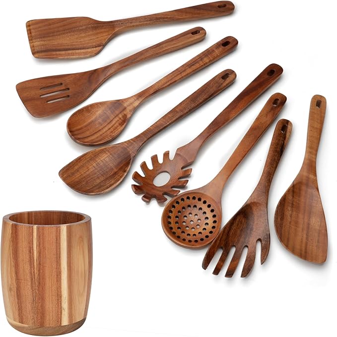 9 PCS Kitchen Utensils Set - Wooden Spoons for Cooking, Natural Teak Wooden Utensils - Includes Wooden Spoons, Spatula Set, Slotted Spoon - Handmade Wooden Spoon Set