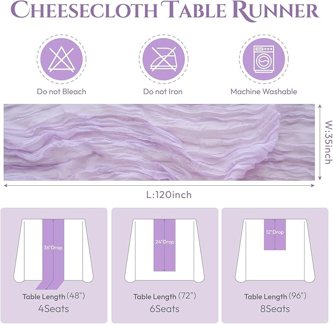 Sioloc 5 Pack Lilac Purple Lavender Cheesecloth Table Runner Fall Autumn Decor for Home 10ft Table Cloth for Tea Wedding Birthday Party Baby Bridal Shower Halloween Thanksgiving