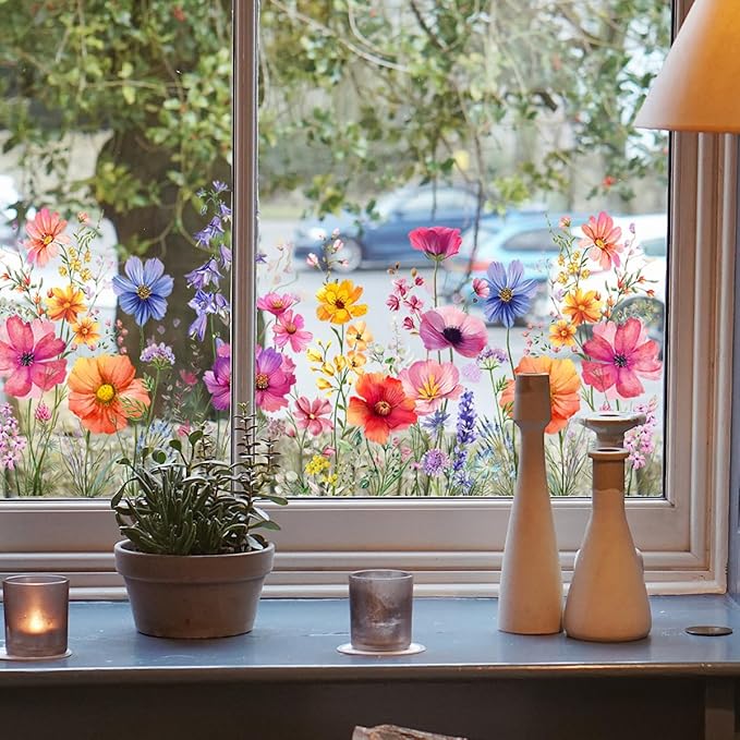 Colorful Flower Garden Window Clings, Wildflower Grass Lily Peony Poppy Floral Window Decals