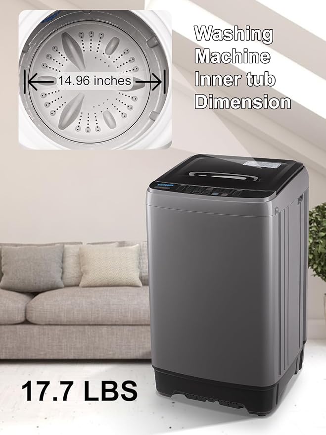 17.7 lbs Full-Automatic Washing Machine with LED Display, Portable Compact Laundry Washer with Drain Pump, 10 Wash Programs 8 Water Levels, Grey