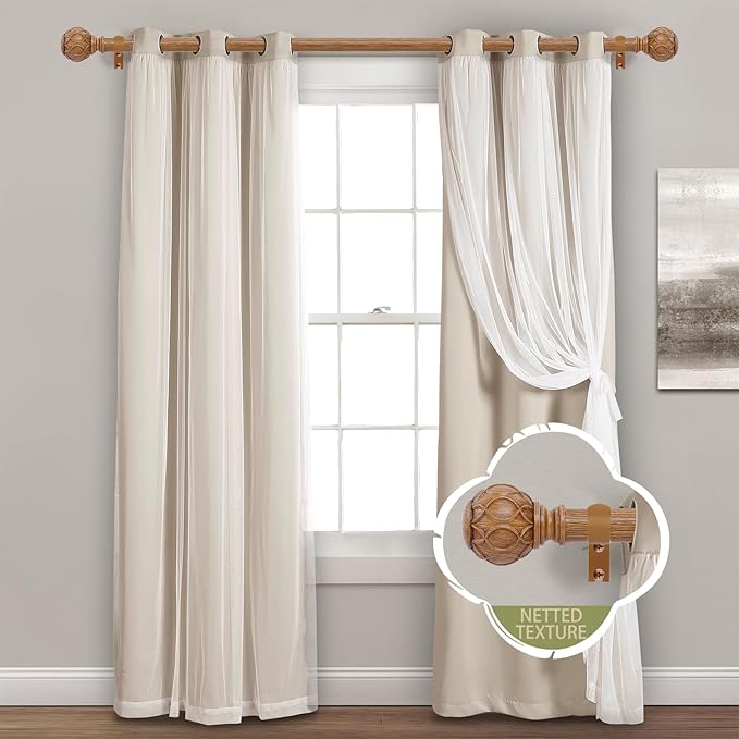 2 Pack Wood Curtain Rods for Windows 48 to 84 Inch(4-7ft),1 Inch Adjustable Curtain Rod,Heavy Duty Curtain Rods,Wooden Netted Texture Drapery Rods,Single Window Curtain Rod 36-88",Brown Wood