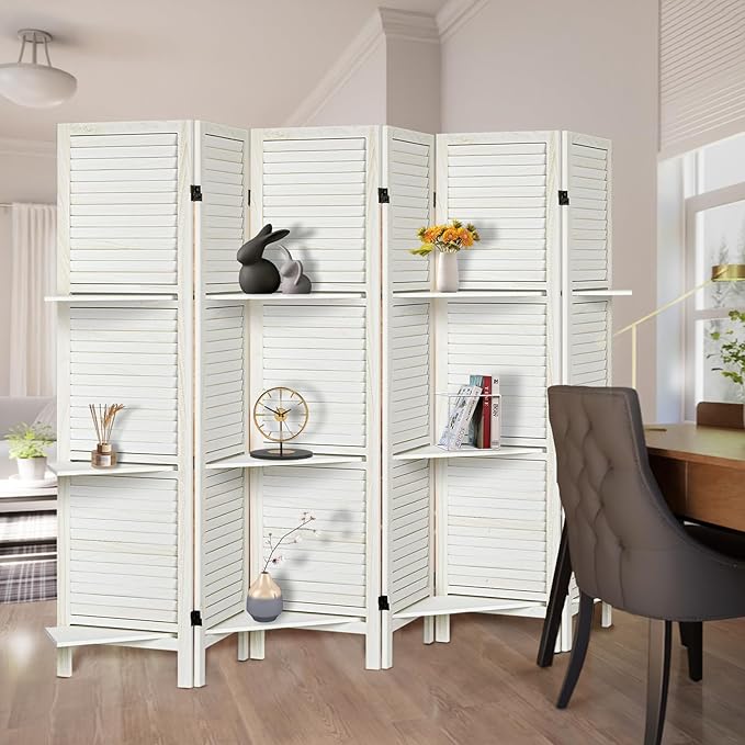 Room Divider with Shelves, Privacy Screen, Room Dividers and Folding Privacy Screens, 6 Panel Wood Temporary Wall Partition Separation Separator, White