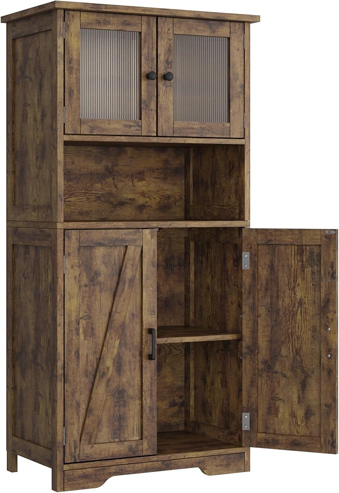 GarveeHome 54in Tall Bathroom Cabinet, Farmhouse Storage Cabinet with Glass Doors and Adjustable Shelves, Freestanding Kitchen Pantry Cabinets, Cupboard for Living Room, Dining Room, Rustic Brown