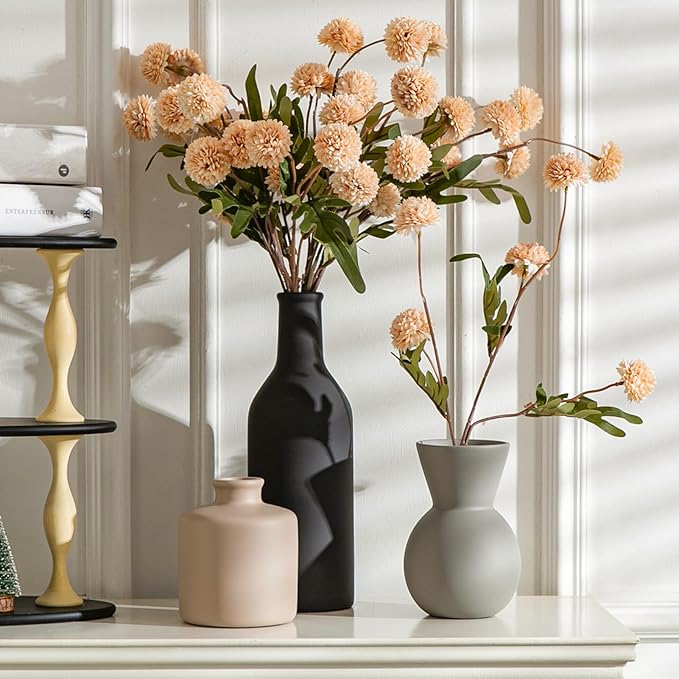 Fake Flowers in Vase for Centerpieces, Faux Flowers in Modern Ceramic Vase Set of 3 with 8 Artificial Autumn Chrysanthemums Home Decor