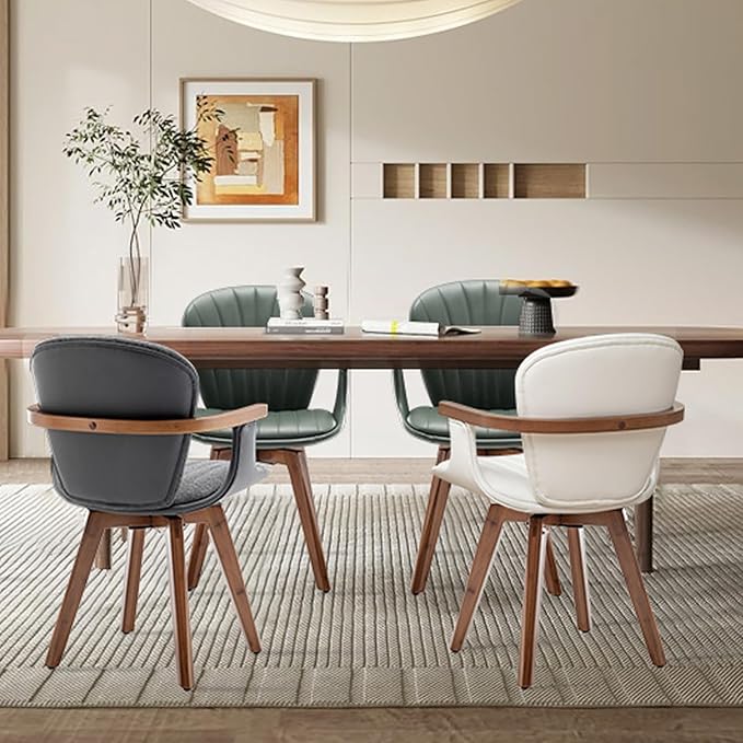 LUNLING Swivel Dining Room Chairs Set of 2, Mid Century Modern Green Faux Leather Kitchen Chairs with Arms,Bamboo Legs Side Chairs No Wheels,Accent Chair for Dining Rooms and Offices