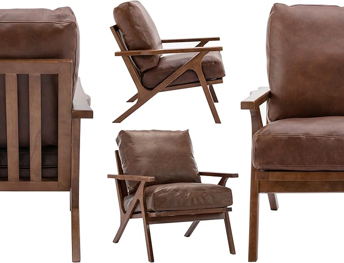 Wahson Brown Leather Mid-Century Modern Accent Chair and Ottoman Set, Retro Upholstered Armchair with Wood Frame and Removable PU Cushions, Large Leisure Slipper Chair for Living Room/Bedroom