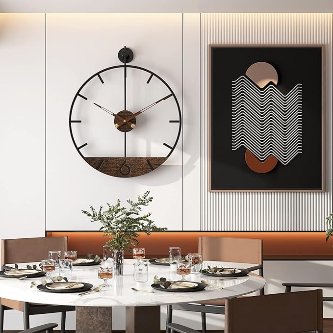Modern Wood Walnut Dial Wall Clock, Large Simple Wall Decor Metal Frame Silent Non Ticking Clock for Living Room Decor, Kitchen, Bedroom, Study Decoration, Handmade Home Gift Idea, 26.4 in
