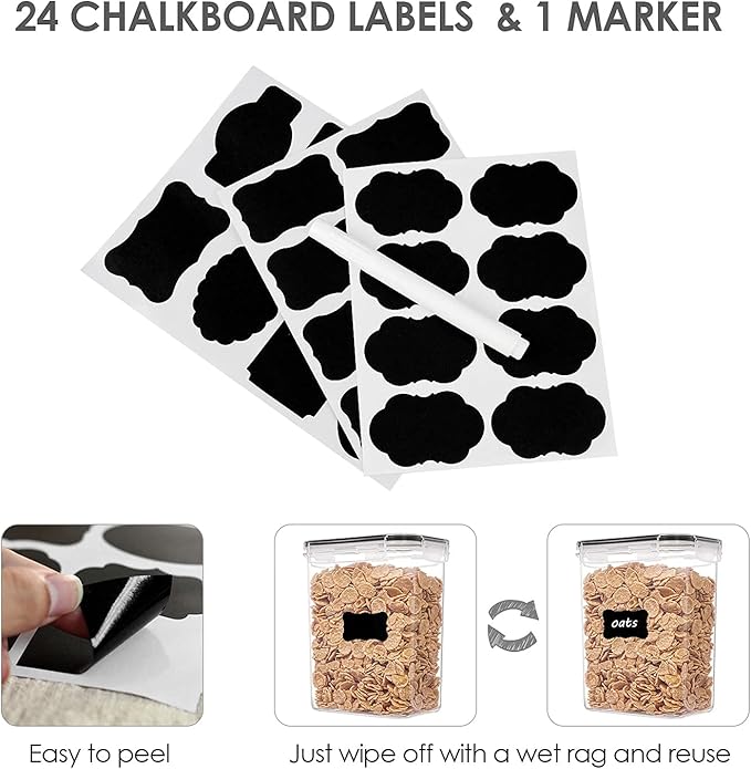 Airtight Food Storage Containers with Lids, Vtopmart 24 pcs Plastic Kitchen and Pantry Organization Canisters for Cereal, Dry Food, Flour and Sugar, BPA Free, Includes 24 Labels,Black