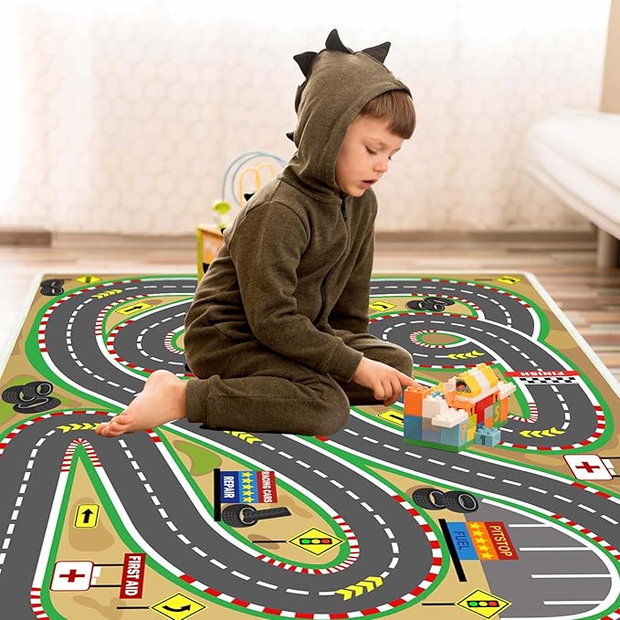 Kids Rug Play mat Playroom Rugs Car Rugs for Kids Toy Cars Race Track for Classroom Rug (Race-Brown, 5.2x7.9ft)