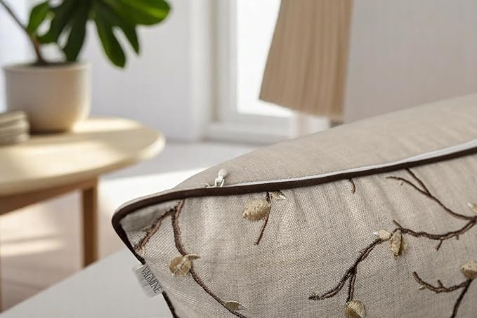 VAGMINE Embroidered Pussy Willow Throw Pillow Cover - 20x20 Inches Square - 100% Linen Natural Throw Pillowcase - Elegant Neutral Floral Design - Minimalist Rustic Home Accent for Sofa, Bed, Lounge