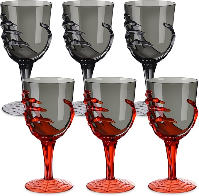 Dandat 24 Pcs Halloween Skeleton Hand Goblets 12oz Clear Plastic Halloween Cups Skull Wine Glass Set for Creepy Spooky Party Decorations (Black,Orange)
