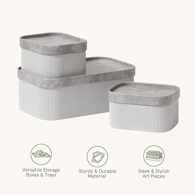 La Jolie Maison Fluted Cardboard Storage Baskets with Vegan Leather Lids, Sturdy Stackable Paper Boxes Decorative Tray, Modern Basket Organizer Bins Bathroom Bedroom Organizing, Storm Grey, Set of 3