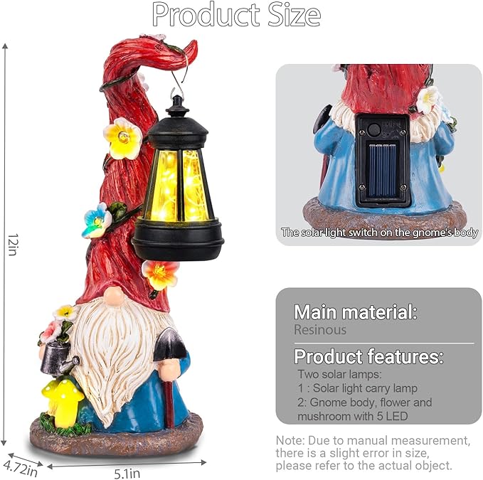 TIJNN Solar Garden Gnome Statue with Lantern, Dwarf Gardener Outdoor Decor for Patio, Yard, Porch Garden Gifts