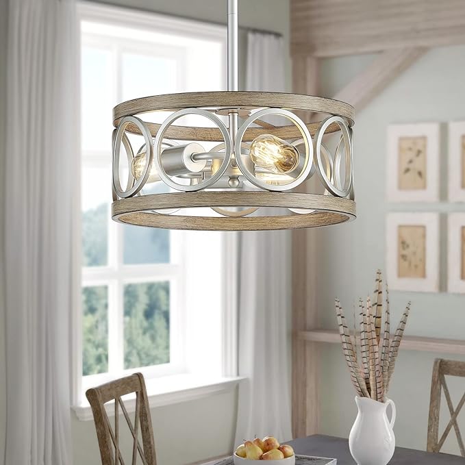 XINGQI Modern Ceiling Light Adjustable Height Pendant Lighting Fixture Brushed Nickel Wood Grain Metal 13" Rustic Round Lights for Dining Room Kitchen Bedroom Foyer Hallway
