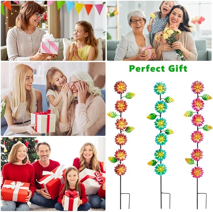 3Pack Flowers Decorative Garden Stakes,Spring Outdoor Metal Flowers Decorations,Metal Yard Art for Outside Patio Porch Decor(22.6 * 5.1IN)