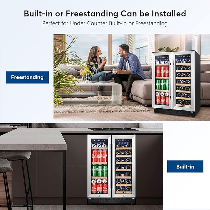 Tylza Upgraded Wine and Beverage Refrigerator 24 Inch, Dual Zone Wine Beverage Cooler with French Door, Under Counter Wine Beer Fridge Built-In or Freestanding, Holds 20 Bottles and 88 Cans, Low Noise