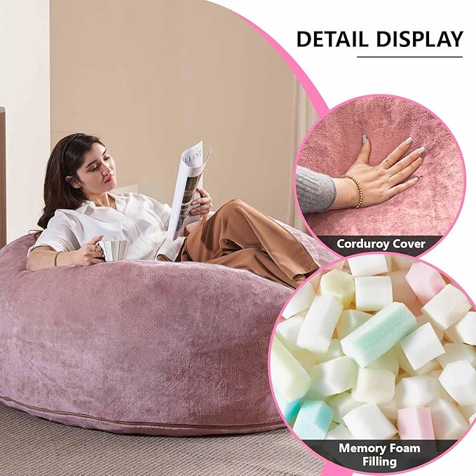 5FT,Big Bean Bag Chairs for Adults,Large beanbag with Filler Included,Memory Foam Material,Easy to Clean and Washable Corduroy Fabric,Suitable for Living Room and Bedroom (Pink, 5 Foot)