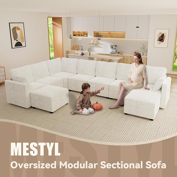 mestyl Modular Sectional Sofa Convertible L Shaped Sofa Couch Set with Storage for Living Room, Modern 3 Seater Modular Sectional Couch with Movable Ottoman (Beige)
