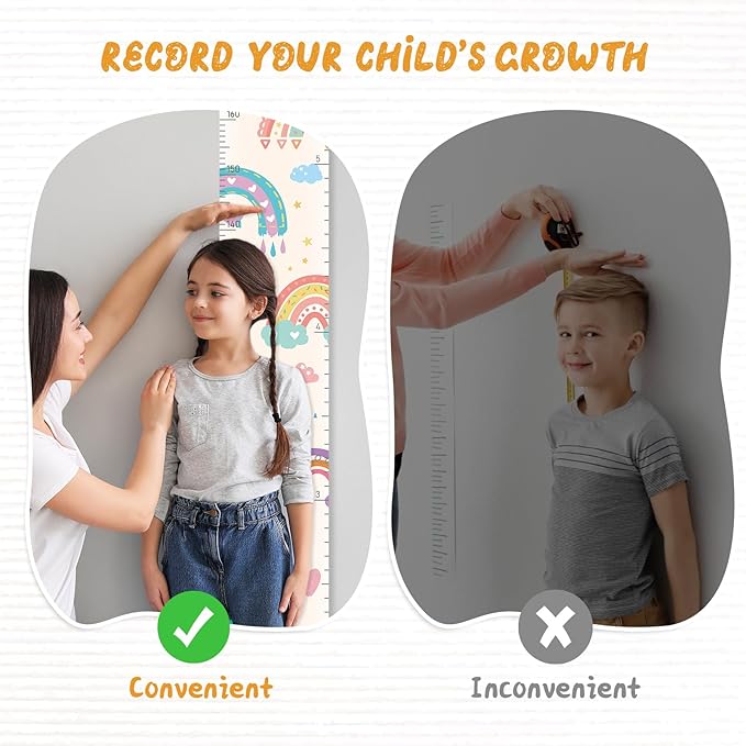 Personalized Name Growth Chart Wall Decor for Kids – Canvas Removable Height Chart Measuring Ruler 59" x 7.9" (Rainbows)