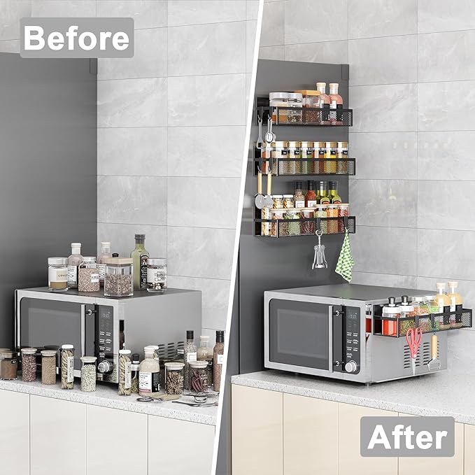 Magnetic Spice Rack for Refrigerator, 4 Pack Magnetic Shelf, Fridge Magnet Organizer with Moveable 8 Hooks, Magnetic Fridge Shelf for Kitchen Organization and Storage (4 Pack)