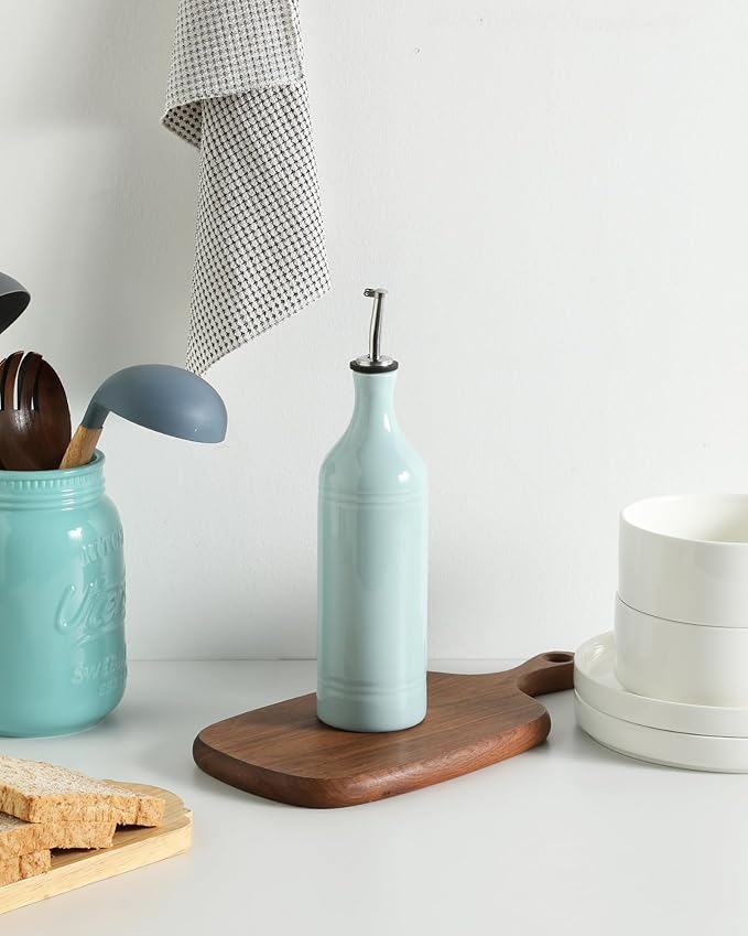 Sweejar Large Ceramic Olive Oil Dispenser Bottle, Opaque Oil Cruet Protects to Reduce Oxidation, Suitable For Storage Of Vinegar, Soy Sauce & Other Liquids, Pack of 1, 24 Fl Oz (Light Blue)
